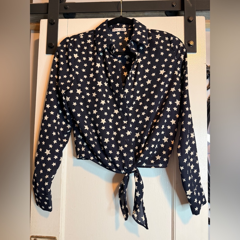 Dex Navy Star Pattern Tie-Front Blouse